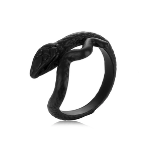 Macro shot of matte black snake ring showcasing detailed scale texture and gothic style