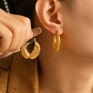 Golden titanium steel wing earrings with feather texture shown on a model side profile