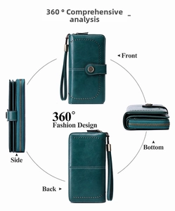 Deep green RFID long wallet for women with cutout dots and 360-degree multi-angle views