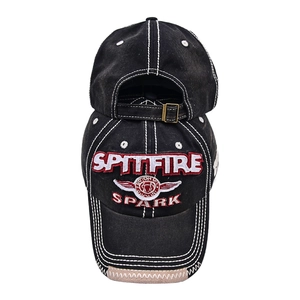Distressed black baseball cap with SPARK embroidery and contrast white stitching details