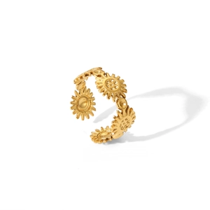Detailed view of adjustable gold sunflower ring with textured metal petals and finish