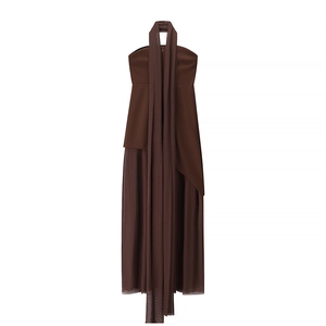 Close-up of deep brown mesh splicing and fabric texture on a strapless dress
