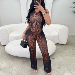 Damen Mesh Halter Top Und Weite Hose Mit Hoher Taille Durchsichtiges Clubwear Outfit Mit Tiermuster