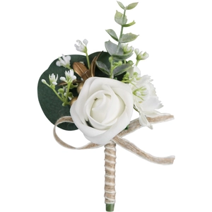 White PE rose wedding boutonniere with eucalyptus leaves and rustic hemp rope handle