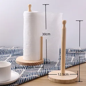 Vertical wooden paper towel holder set with natural grain and decorative handles for kitchen