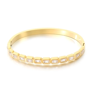 18K gold plated stainless steel bangle with square zircon stones on white background