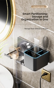 Wall-mounted bathroom hair dryer holder with multi-compartment storage in dark grey finish