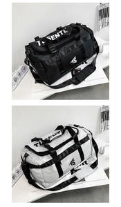 Detail of waterproof Oxford fabric bags in black and grey with reinforced handles