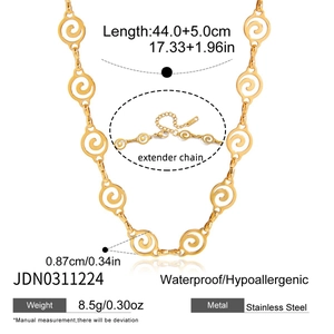 Detailed view of golden stainless steel spiral fishbone chain with size measurements