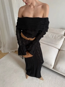 Elegant black off-shoulder crochet knit midi dress with belt for vacation and chic style