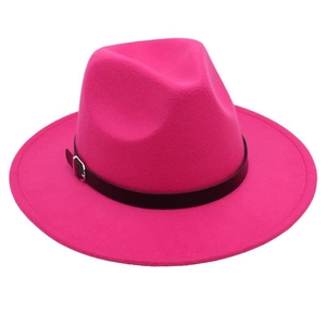 Detail of rose red fedora with flat wide brim and black leather strap with silver buckle