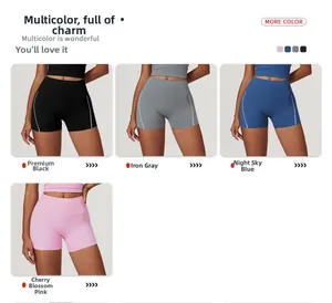 Détails du short de yoga taille haute en noir, gris, bleu et rose avec rayures latérales