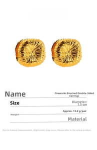 Detail showing 1.5cm golden brushed fireworks hoop earrings with product dimensions