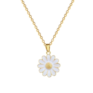 Elegant titanium steel necklace with white enamel daisy pendant and crystal details
