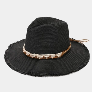 Women's black straw fedora sun hat with frayed brim and bohemian woven band for beach