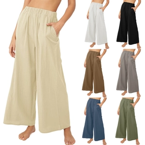Collage de pantalons larges en coton et lin à taille haute en sept couleurs unies
