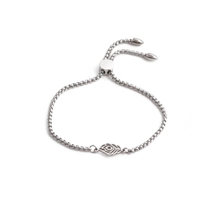 Polished stainless steel box chain bracelet featuring a hollow feather heart charm