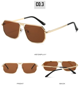 Fashion pilot sunglasses with gold metal frame and brown lenses from three display angles