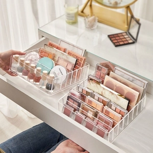 Transparent acrylic makeup organizer drawers for organizing eye shadow palettes and vanity items