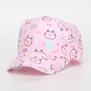 Detail of pink kids baseball cap with cute cartoon cat rainbow and flower prints