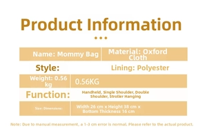 Detailed size and material specs for the oxford fabric multipurpose diaper backpack