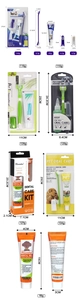 Detailed pet dental kit size guide with toothpaste, dual-head brush and finger brushes