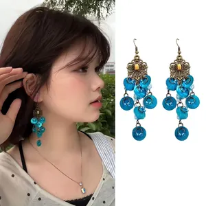 Bohemian peacock blue tassel hook earrings featuring vintage bronze finish for women