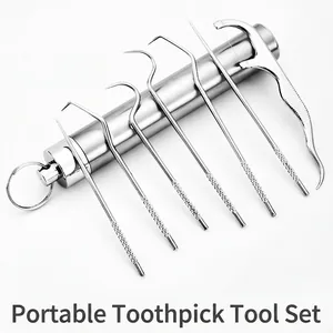 Portable Toothpick Dental Floss Kit 304 Stainless Steel Oral Cleaning Tools With Storage Holder Keychain Reusable