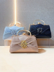 Large rhinestone evening handbag with pleated fabric and metal handle in multiple colors