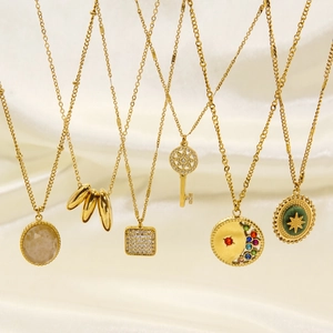 Pendant Necklace Stainless Steel Natural Stone Zircon Gold Plated Vintage Geometric Star Key For Women Non Tarnishing