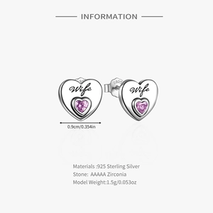 Detail of S925 sterling silver heart earrings with Wife engraving and purple zirconia