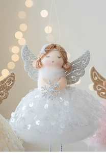 Close-up of white mesh Christmas angel ornament with silver wings and snowflake detail