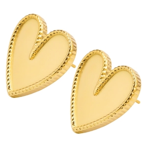 Detailed close-up of gold heart stud earrings with twisted rope texture on stainless steel
