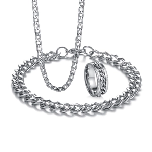 Set di gioielli in acciaio argento con collana a catena, bracciale e anello