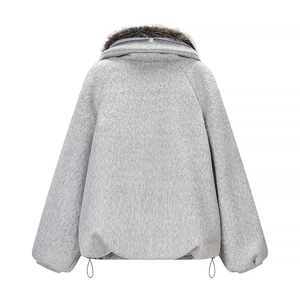 Back view of a casual loose grey wool coat with a large dark faux fur collar and drawstring