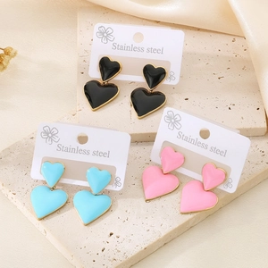 Double Heart Drop Earrings Stainless Steel 18K Gold Plated Enamel Drip Oil Fashion Elegant For Women