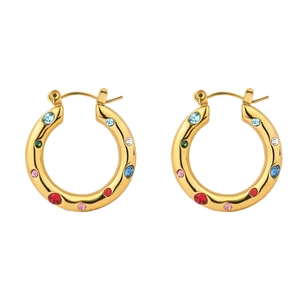 Polished gold-plated stainless steel hoop earrings with colorful inlaid gemstones