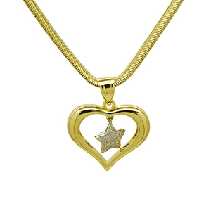 Detail of gold snake chain necklace with hollow heart pendant and sparkling star charm