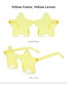 Detail view of yellow star-shaped rimless sunglasses from front and side angles