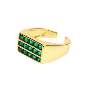 Detailed view of an adjustable gold ring featuring three rows of green square zircon stones