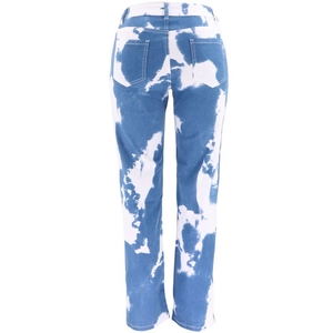 Slim fit women's long denim jeans featuring a unique blue and white tie-dye cloud pattern
