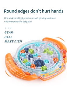 Detail of round maze toy edges with colorful gears and internal ball for baby safety