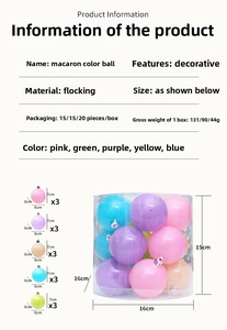Détails des boules de Noël de couleur macaron dans leur boîte avec les dimensions