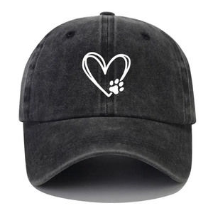 Distressed dark grey baseball cap with white heart and paw print embroidery