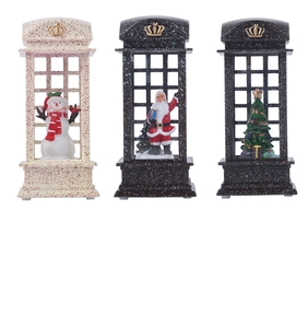 Detail showing vintage telephone booth Christmas lanterns with Santa and snowman scenes