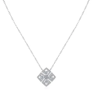925 Sterling Silver Necklace With Geometric Square Flower Pendant Inlaid Sparkling Zircon For Women Elegant Jewelry