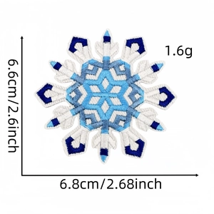 Blue and white snowflake embroidery patch with detailed dimensions and weight marking