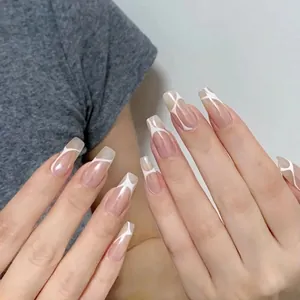 Long Coffin Press On Nails Nude Pink Base White Irregular Wavy Lines Glossy ABS Artificial False Nails For Women