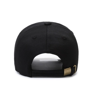 Back view of a black cotton baseball cap with adjustable bronze metal buckle closure