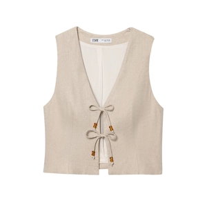 Beige cotton-linen V-neck vest featuring unique wooden bead tie closure on a white background